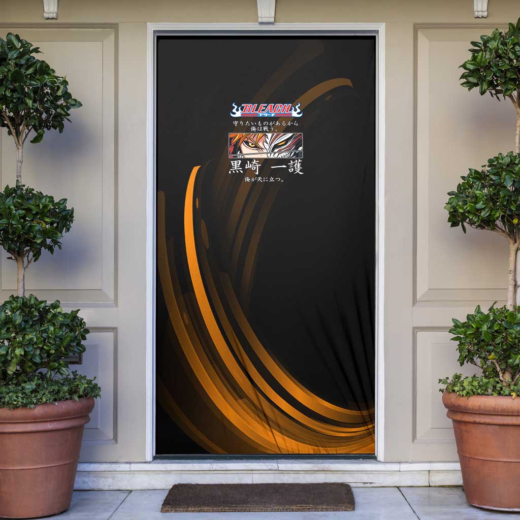 Ichigo Bleach Anime Black and Orange Theme Door Cover with Hollow Mask and Japanese Calligraphy Design - The Mazicc