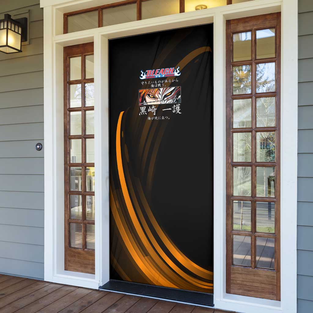 Ichigo Bleach Anime Black and Orange Theme Door Cover with Hollow Mask and Japanese Calligraphy Design - The Mazicc