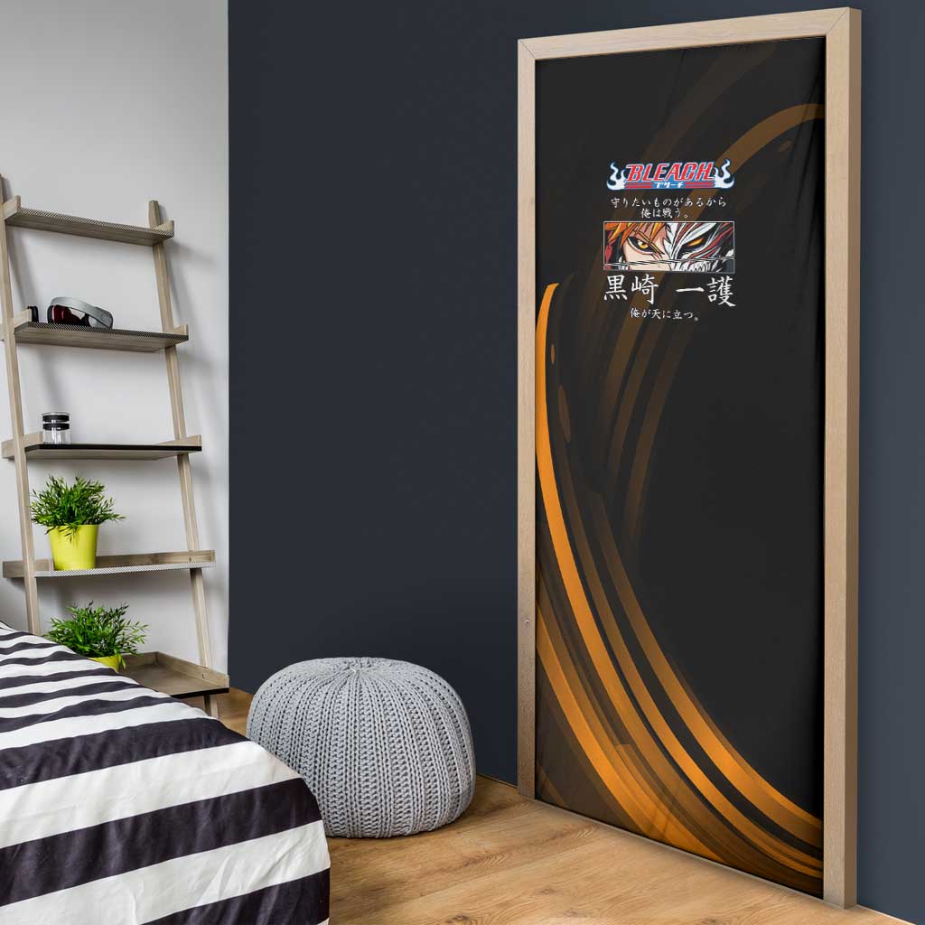 Ichigo Bleach Anime Black and Orange Theme Door Cover with Hollow Mask and Japanese Calligraphy Design - The Mazicc