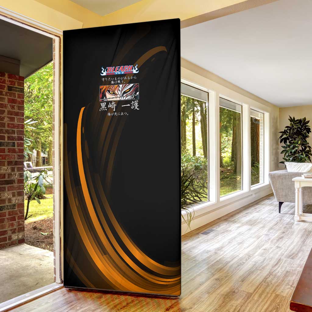 Ichigo Bleach Anime Black and Orange Theme Door Cover with Hollow Mask and Japanese Calligraphy Design - The Mazicc