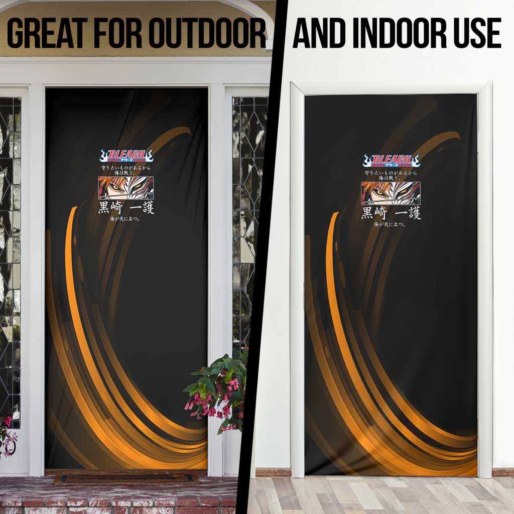 Ichigo Bleach Anime Black and Orange Theme Door Cover with Hollow Mask and Japanese Calligraphy Design - The Mazicc