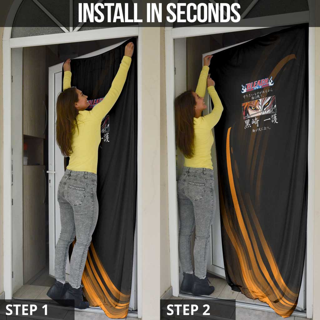 Ichigo Bleach Anime Black and Orange Theme Door Cover with Hollow Mask and Japanese Calligraphy Design - The Mazicc