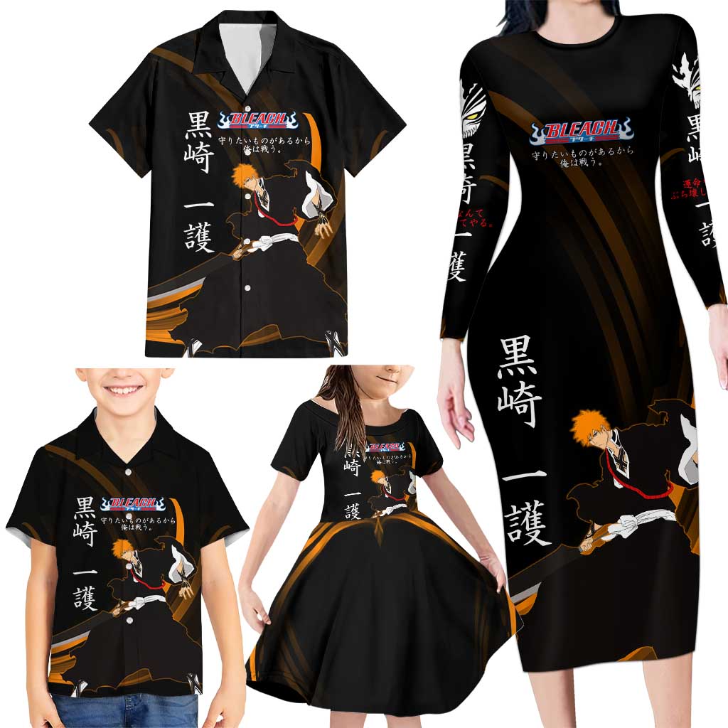 Ichigo Bleach Anime Black and Orange Theme Family Matching Long Sleeve Bodycon Dress and Hawaiian Shirt with Hollow Mask and Japanese Calligraphy Design