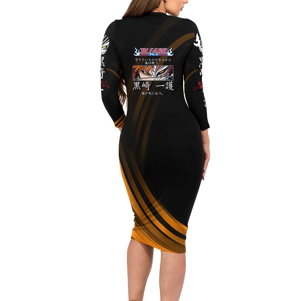 Ichigo Bleach Anime Black and Orange Theme Family Matching Long Sleeve Bodycon Dress and Hawaiian Shirt with Hollow Mask and Japanese Calligraphy Design