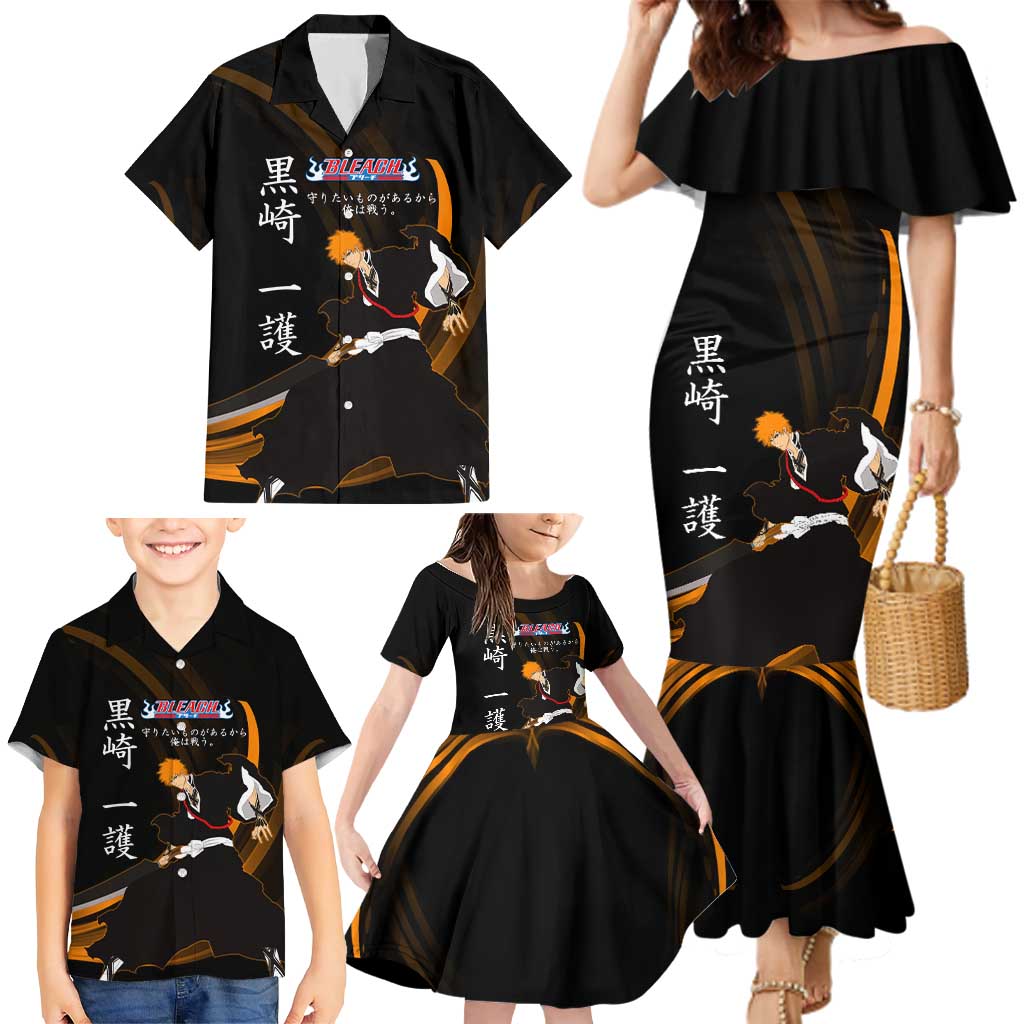 Ichigo Bleach Anime Black and Orange Theme Family Matching Mermaid Dress and Hawaiian Shirt with Hollow Mask and Japanese Calligraphy Design