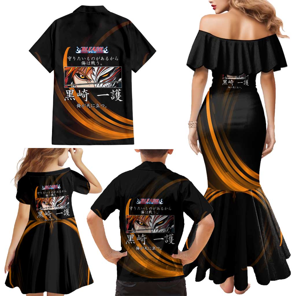 Ichigo Bleach Anime Black and Orange Theme Family Matching Mermaid Dress and Hawaiian Shirt with Hollow Mask and Japanese Calligraphy Design