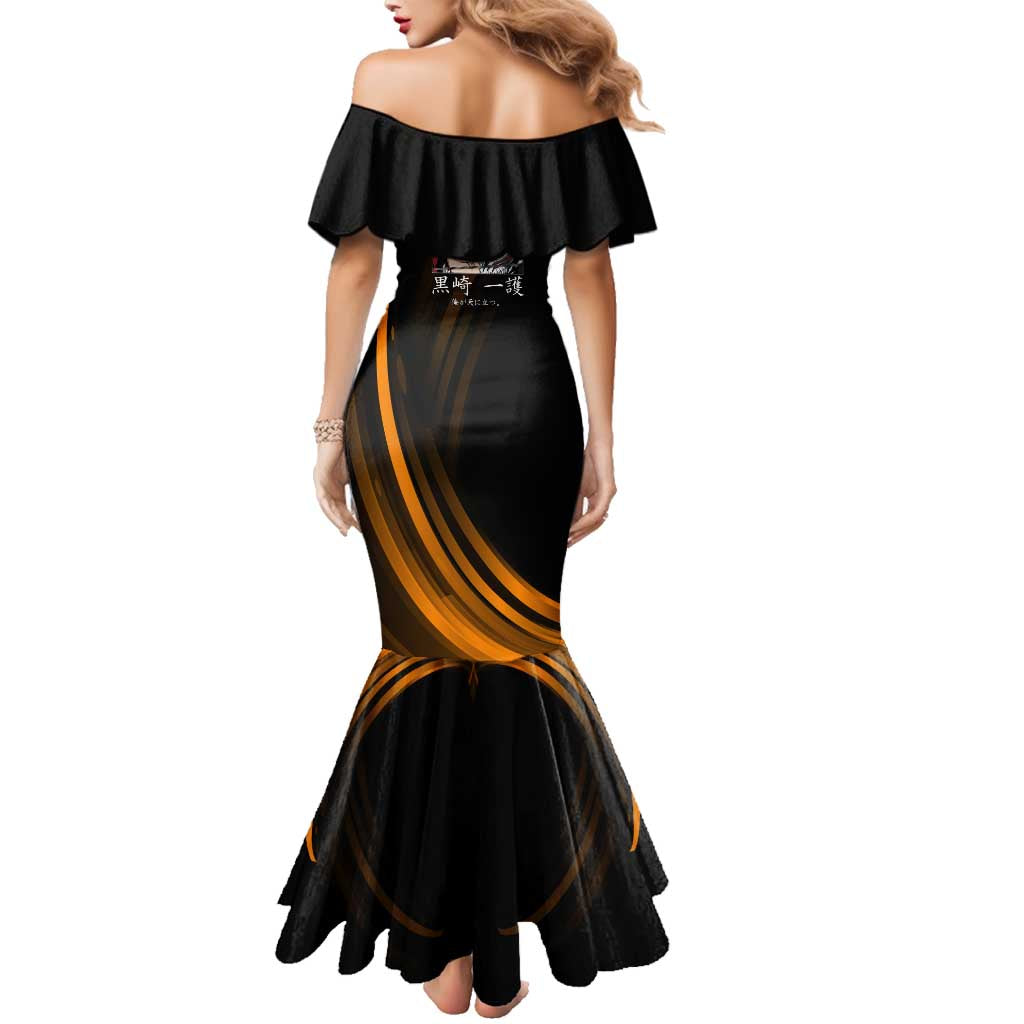 Ichigo Bleach Anime Black and Orange Theme Family Matching Mermaid Dress and Hawaiian Shirt with Hollow Mask and Japanese Calligraphy Design