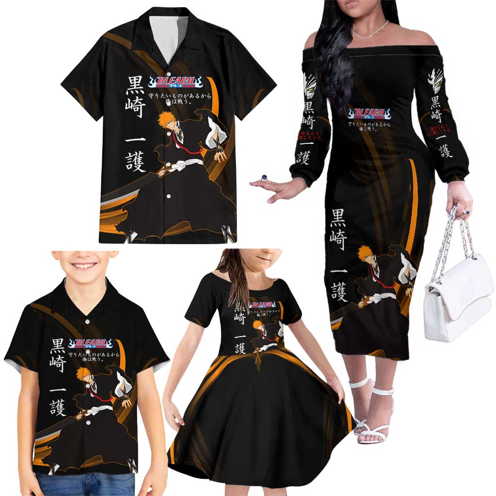 Ichigo Bleach Anime Black and Orange Theme Family Matching Off The Shoulder Long Sleeve Dress and Hawaiian Shirt with Hollow Mask and Japanese Calligraphy Design