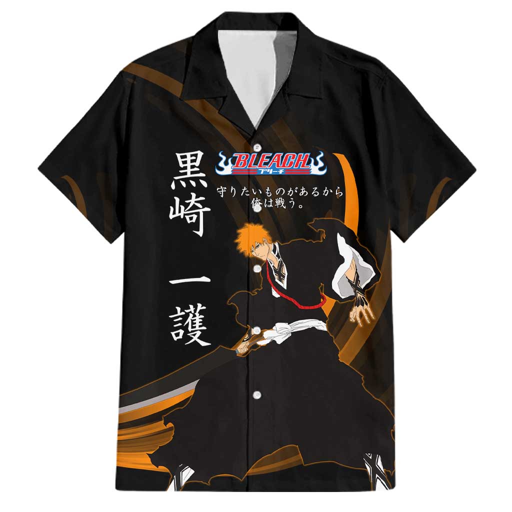 Ichigo Bleach Anime Black and Orange Theme Family Matching Off The Shoulder Long Sleeve Dress and Hawaiian Shirt with Hollow Mask and Japanese Calligraphy Design