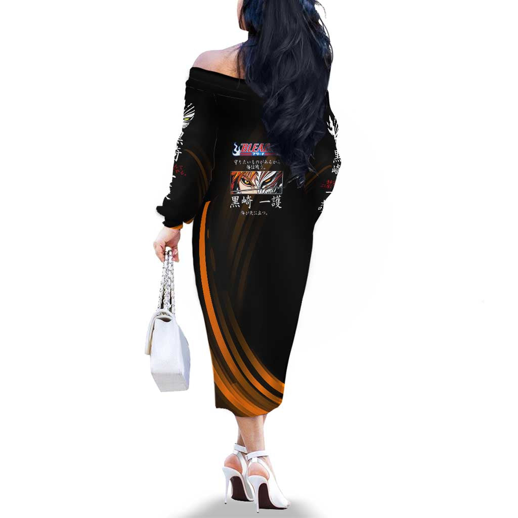Ichigo Bleach Anime Black and Orange Theme Family Matching Off The Shoulder Long Sleeve Dress and Hawaiian Shirt with Hollow Mask and Japanese Calligraphy Design