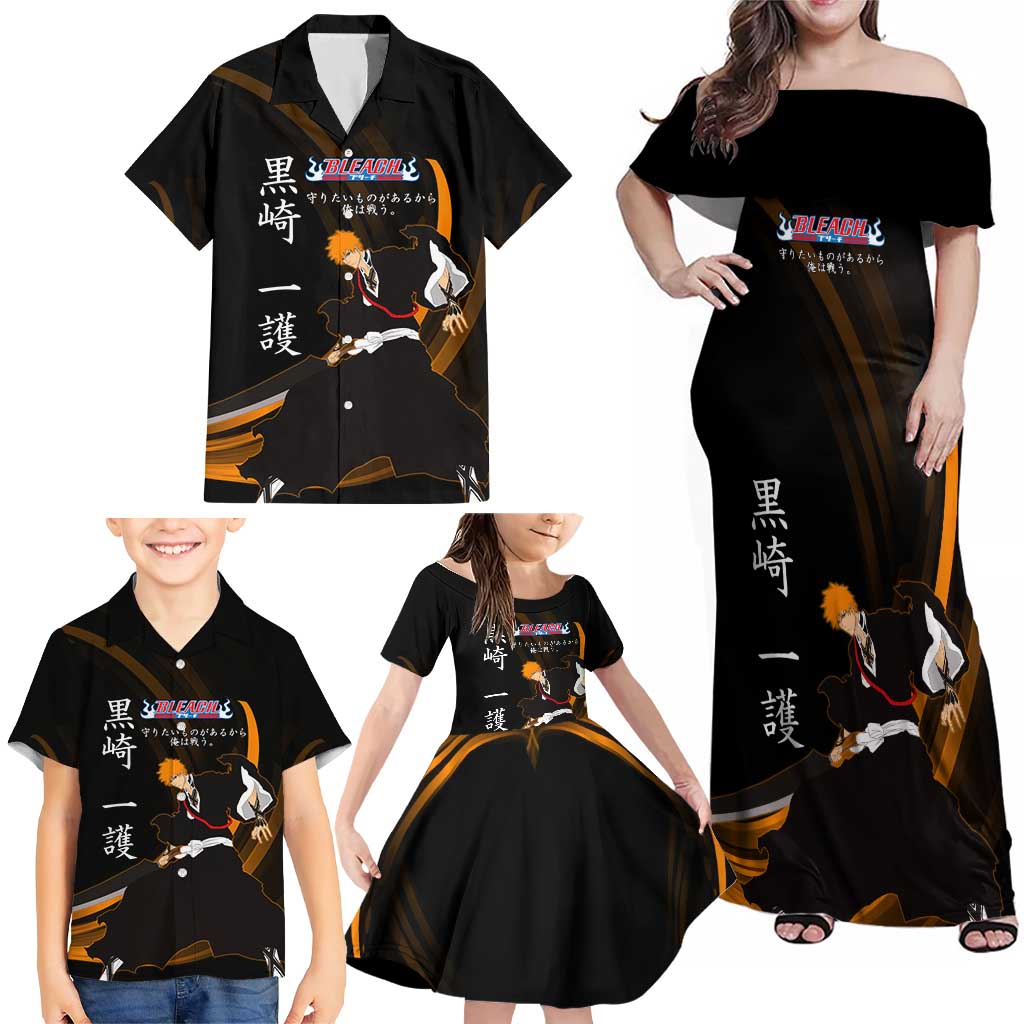 Ichigo Bleach Anime Black and Orange Theme Family Matching Off Shoulder Maxi Dress and Hawaiian Shirt with Hollow Mask and Japanese Calligraphy Design