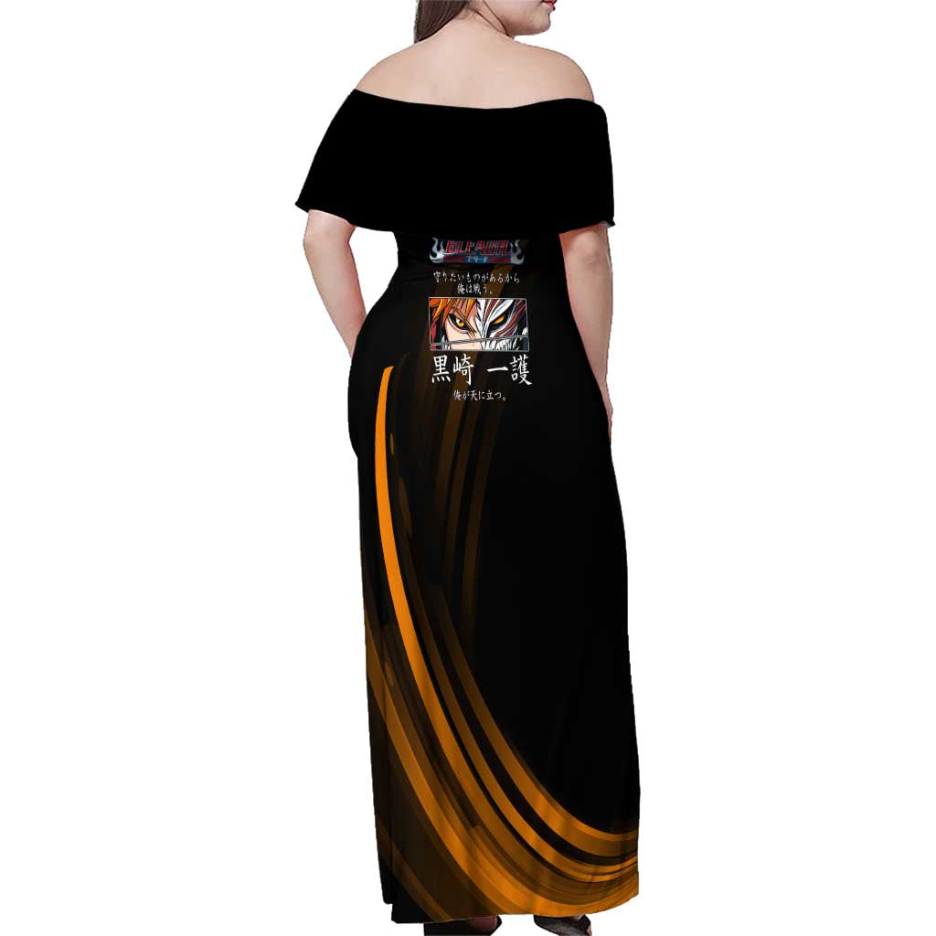 Ichigo Bleach Anime Black and Orange Theme Family Matching Off Shoulder Maxi Dress and Hawaiian Shirt with Hollow Mask and Japanese Calligraphy Design