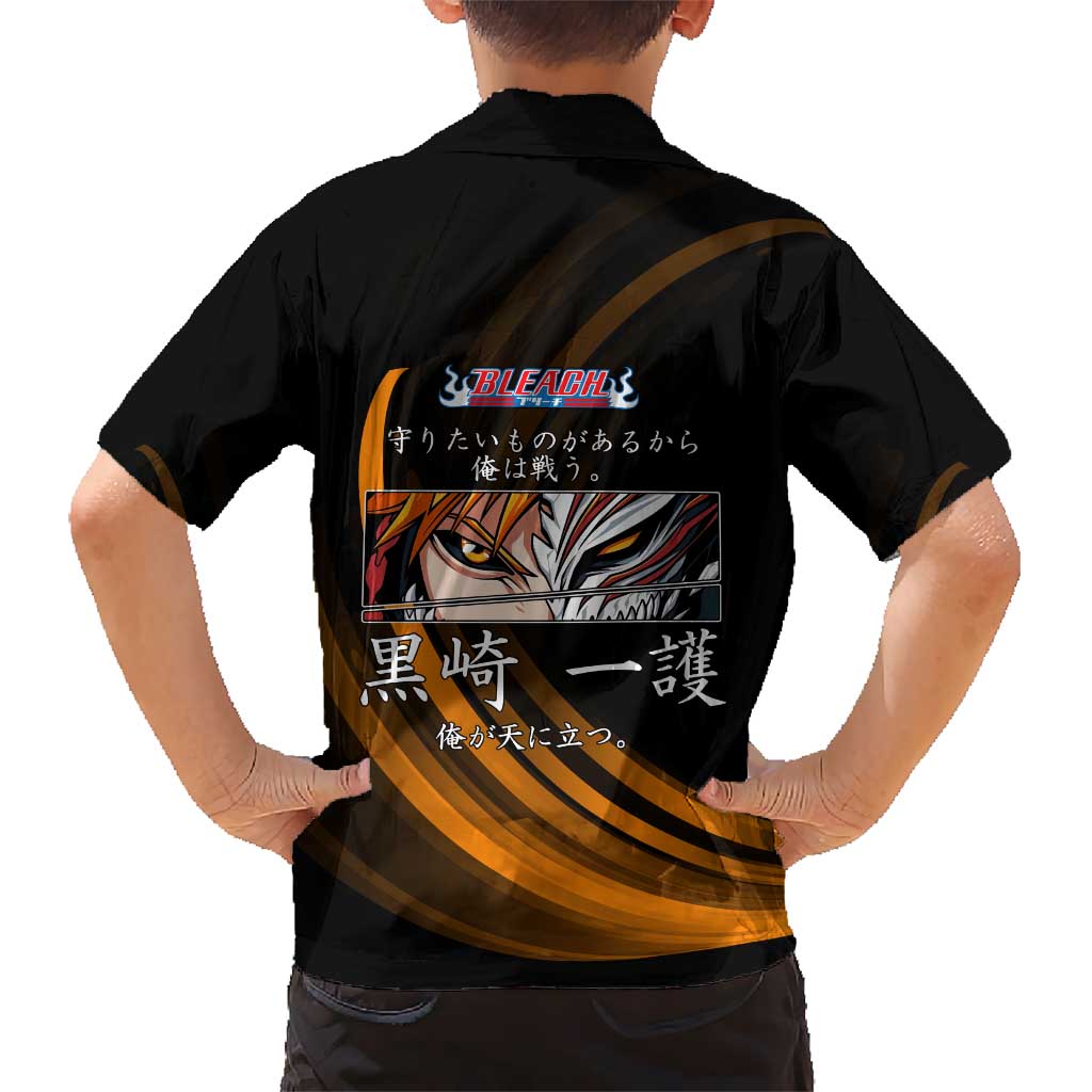 Ichigo Bleach Anime Black and Orange Theme Family Matching Off Shoulder Short Dress and Hawaiian Shirt with Hollow Mask and Japanese Calligraphy Design