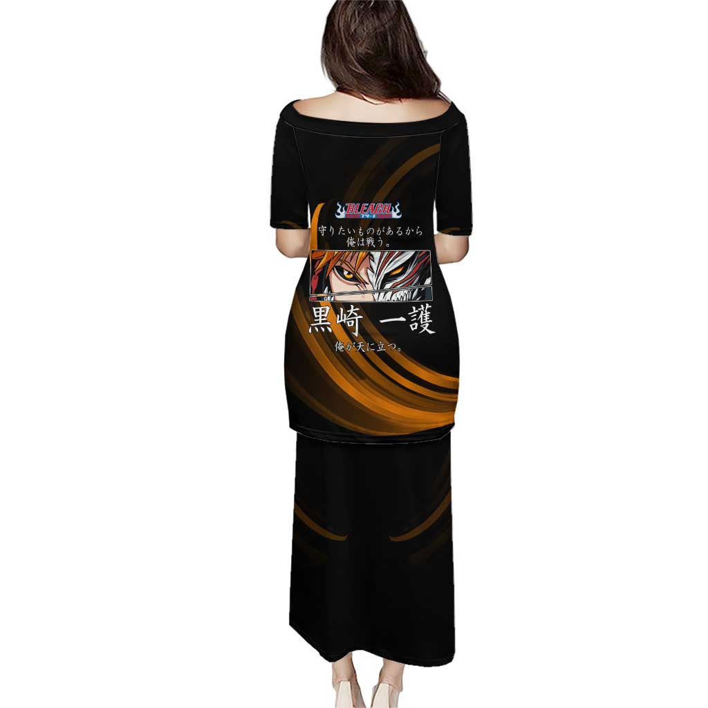 Ichigo Bleach Anime Black and Orange Theme Family Matching Puletasi and Hawaiian Shirt with Hollow Mask and Japanese Calligraphy Design