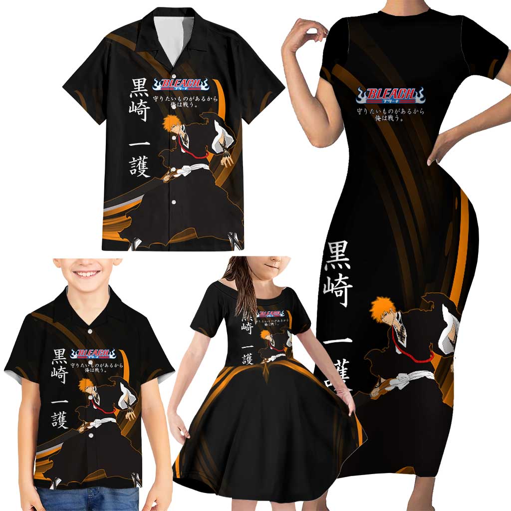 Ichigo Bleach Anime Black and Orange Theme Family Matching Short Sleeve Bodycon Dress and Hawaiian Shirt with Hollow Mask and Japanese Calligraphy Design