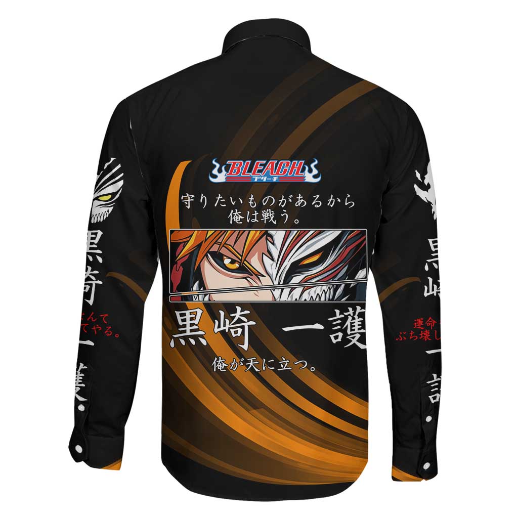 Ichigo Bleach Anime Black and Orange Theme Family Matching Short Sleeve Bodycon Dress and Hawaiian Shirt with Hollow Mask and Japanese Calligraphy Design