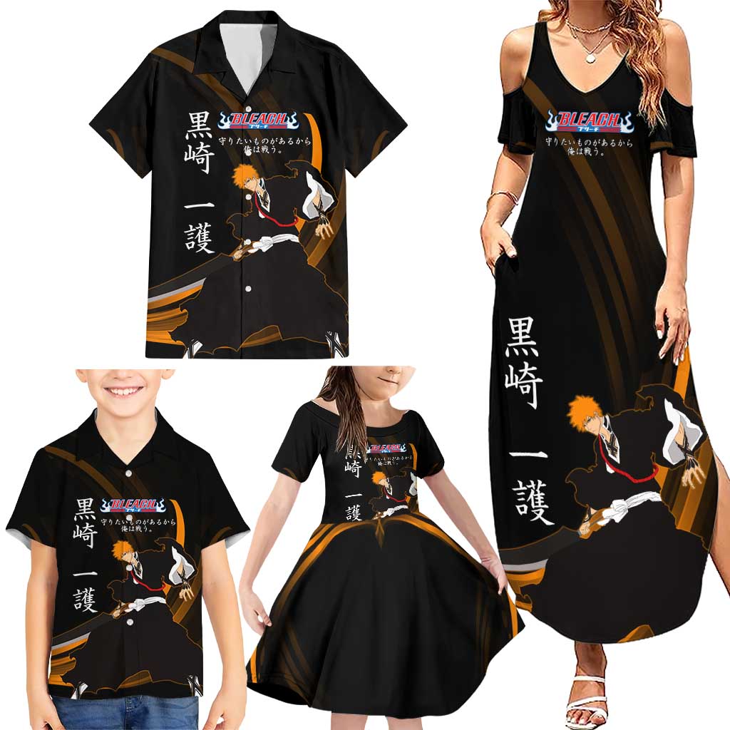 Ichigo Bleach Anime Black and Orange Theme Family Matching Summer Maxi Dress and Hawaiian Shirt with Hollow Mask and Japanese Calligraphy Design