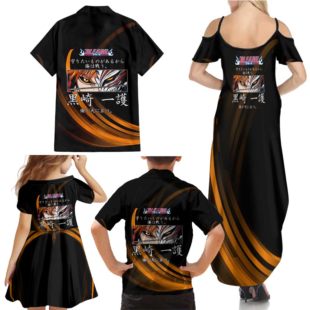 Ichigo Bleach Anime Black and Orange Theme Family Matching Summer Maxi Dress and Hawaiian Shirt with Hollow Mask and Japanese Calligraphy Design