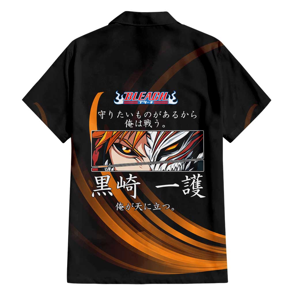 Ichigo Bleach Anime Black and Orange Theme Family Matching Summer Maxi Dress and Hawaiian Shirt with Hollow Mask and Japanese Calligraphy Design