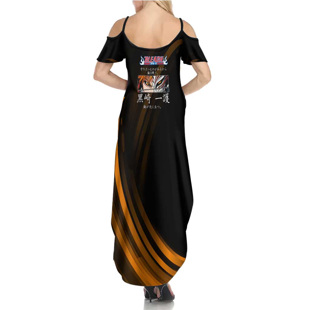 Ichigo Bleach Anime Black and Orange Theme Family Matching Summer Maxi Dress and Hawaiian Shirt with Hollow Mask and Japanese Calligraphy Design