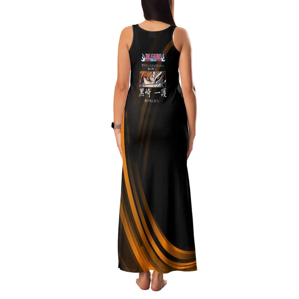 Ichigo Bleach Anime Black and Orange Theme Family Matching Tank Maxi Dress and Hawaiian Shirt with Hollow Mask and Japanese Calligraphy Design