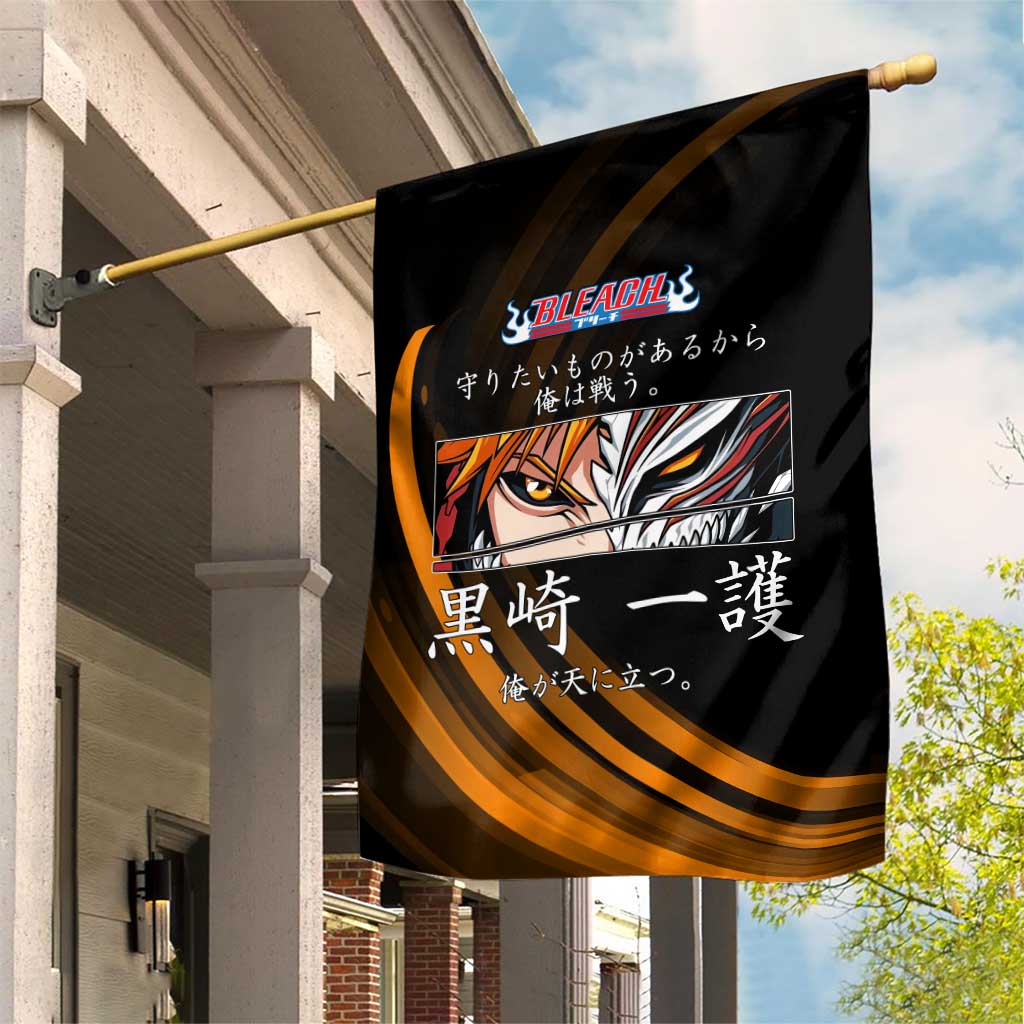 Ichigo Bleach Anime Black and Orange Theme Garden Flag with Hollow Mask and Japanese Calligraphy Design - The Mazicc
