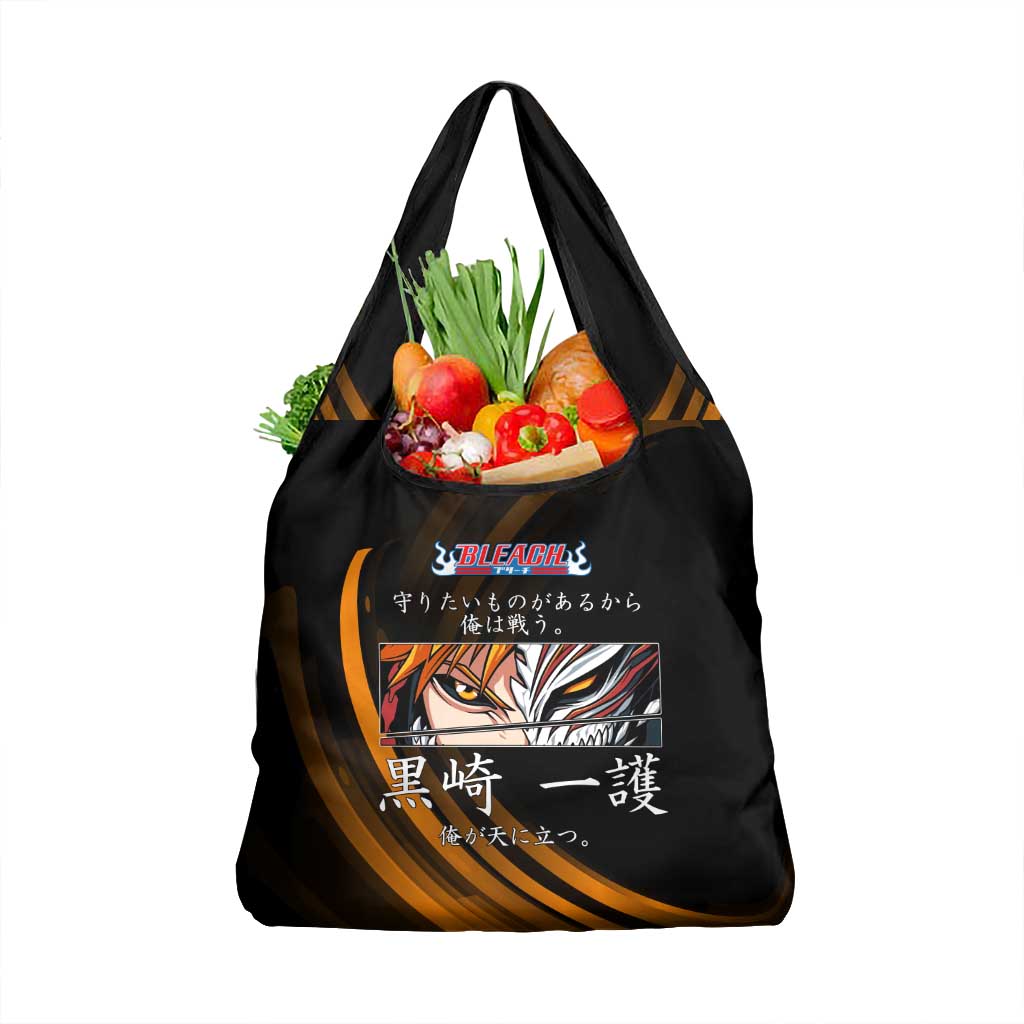 Ichigo Bleach Anime Black and Orange Theme Grocery Bag with Hollow Mask and Japanese Calligraphy Design - The Mazicc