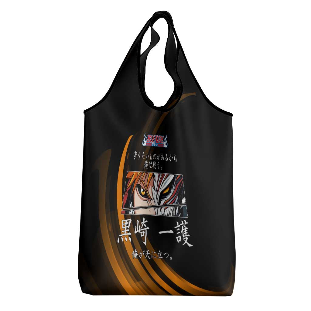 Ichigo Bleach Anime Black and Orange Theme Grocery Bag with Hollow Mask and Japanese Calligraphy Design - The Mazicc