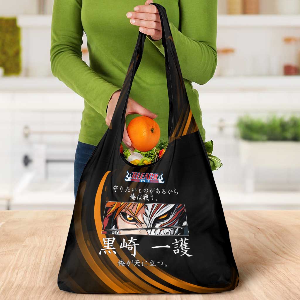 Ichigo Bleach Anime Black and Orange Theme Grocery Bag with Hollow Mask and Japanese Calligraphy Design - The Mazicc
