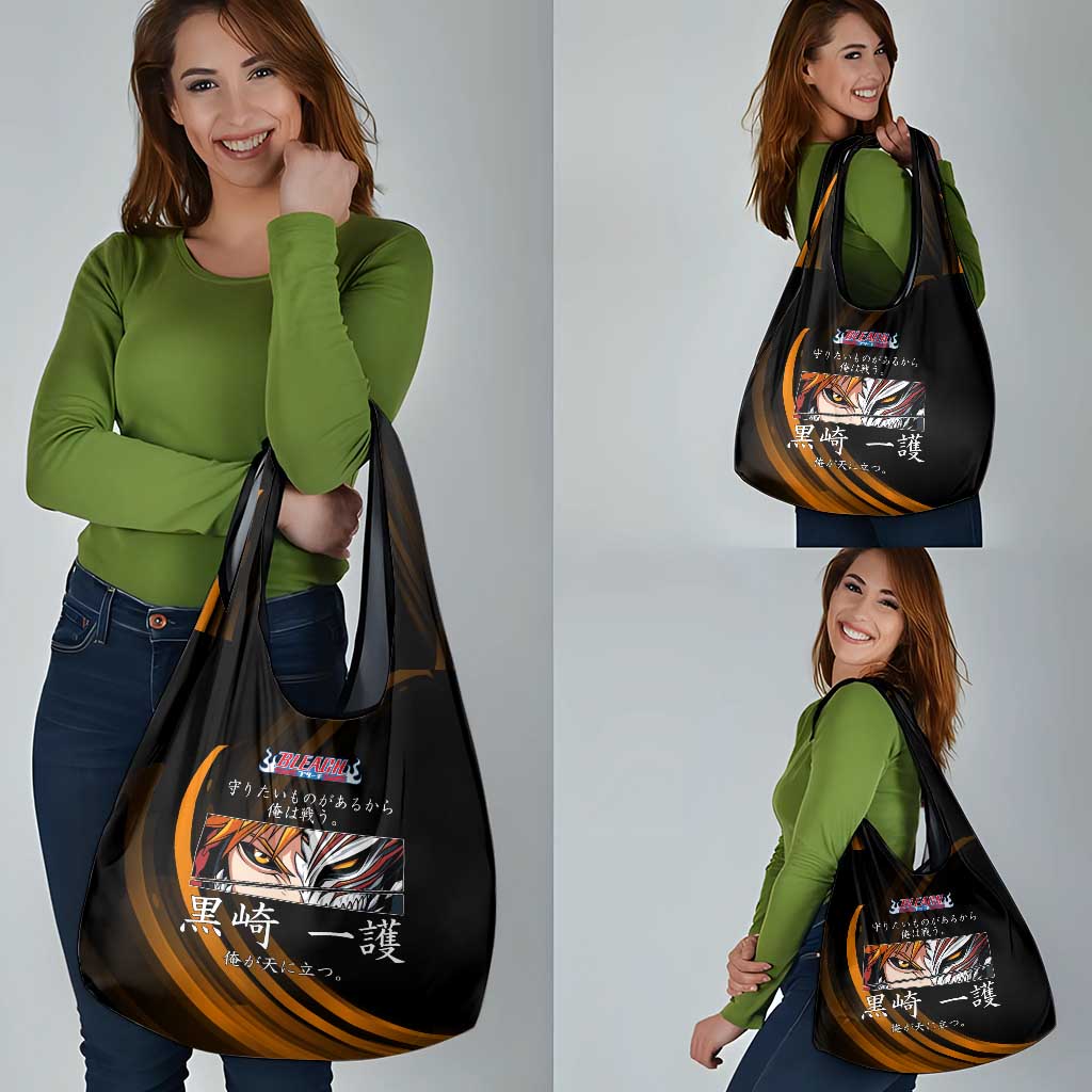 Ichigo Bleach Anime Black and Orange Theme Grocery Bag with Hollow Mask and Japanese Calligraphy Design - The Mazicc