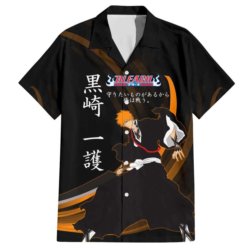 Ichigo Bleach Anime Black and Orange Theme Hawaiian Shirt with Hollow Mask and Japanese Calligraphy Design - The Mazicc