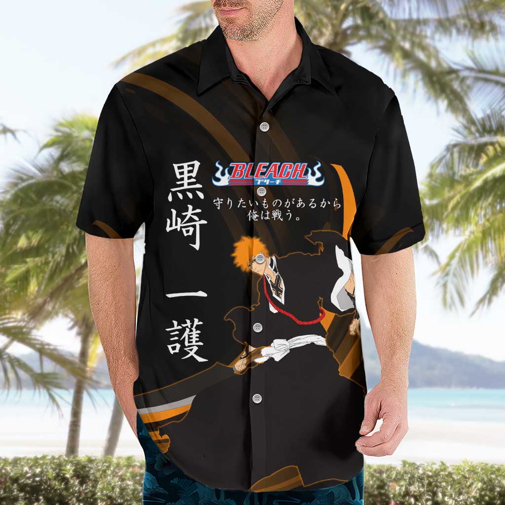 Ichigo Bleach Anime Black and Orange Theme Hawaiian Shirt with Hollow Mask and Japanese Calligraphy Design - The Mazicc