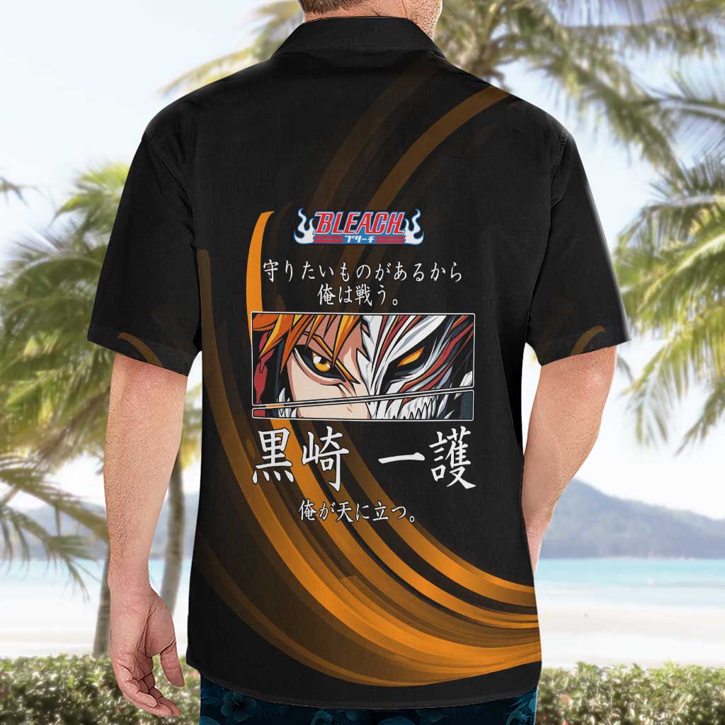 Ichigo Bleach Anime Black and Orange Theme Hawaiian Shirt with Hollow Mask and Japanese Calligraphy Design - The Mazicc