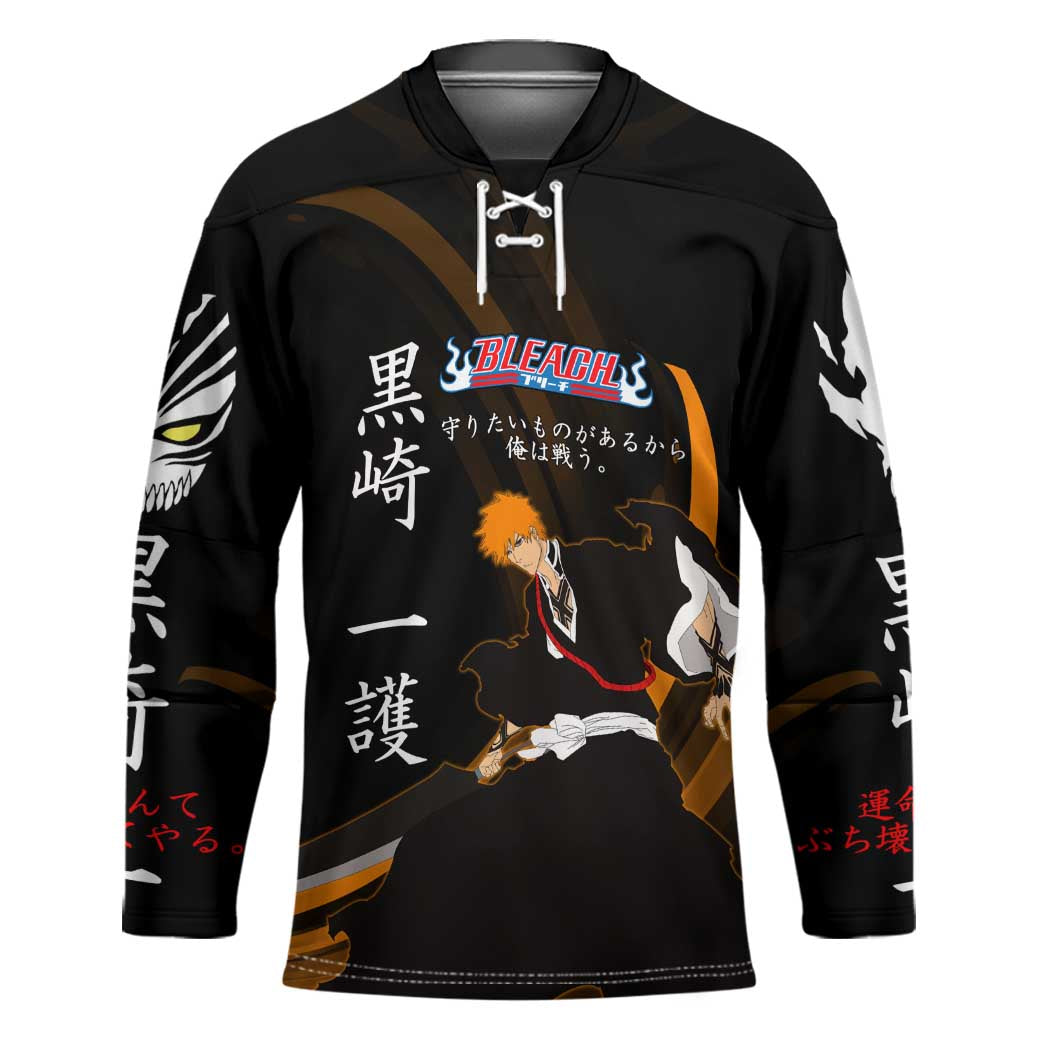 Ichigo Bleach Anime Black and Orange Theme Hockey Jersey with Hollow Mask and Japanese Calligraphy Design - The Mazicc