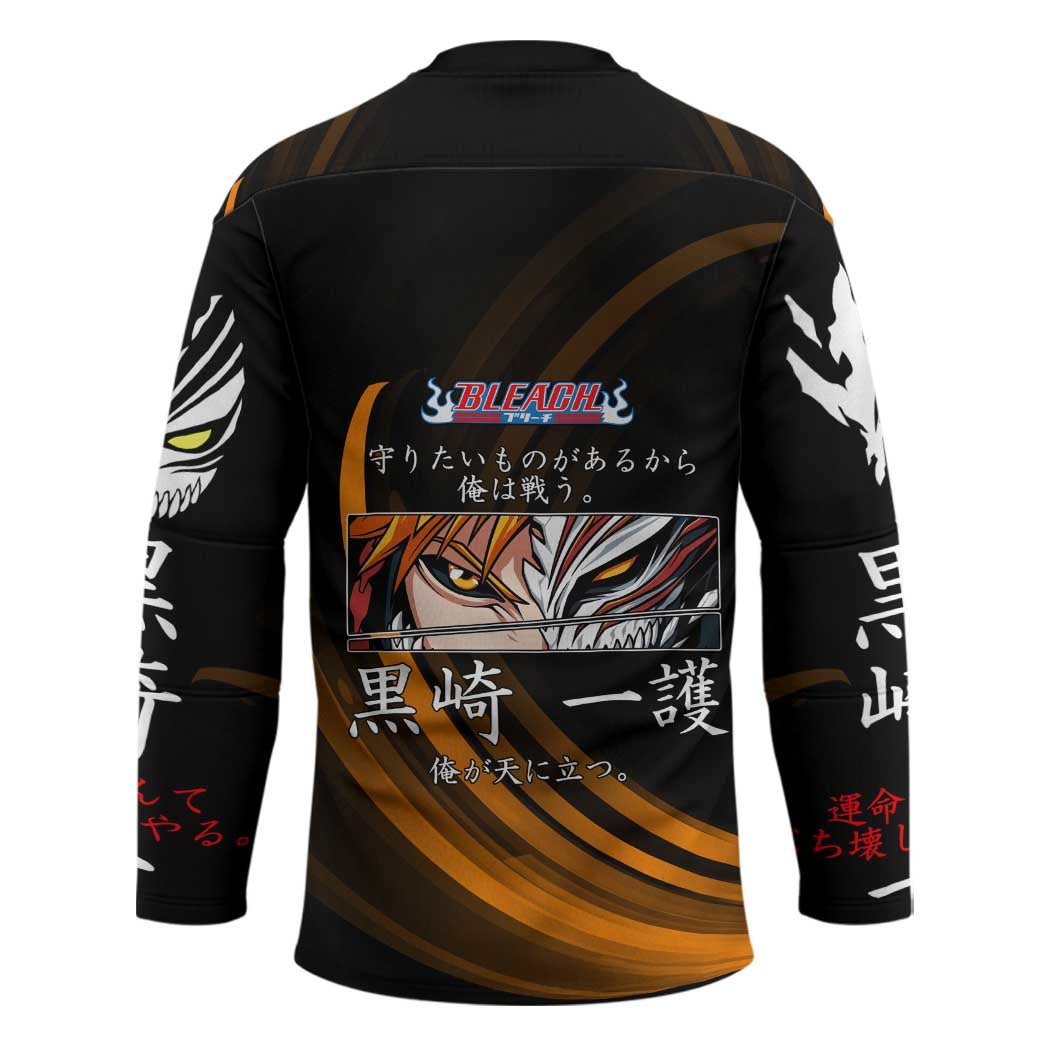 Ichigo Bleach Anime Black and Orange Theme Hockey Jersey with Hollow Mask and Japanese Calligraphy Design - The Mazicc
