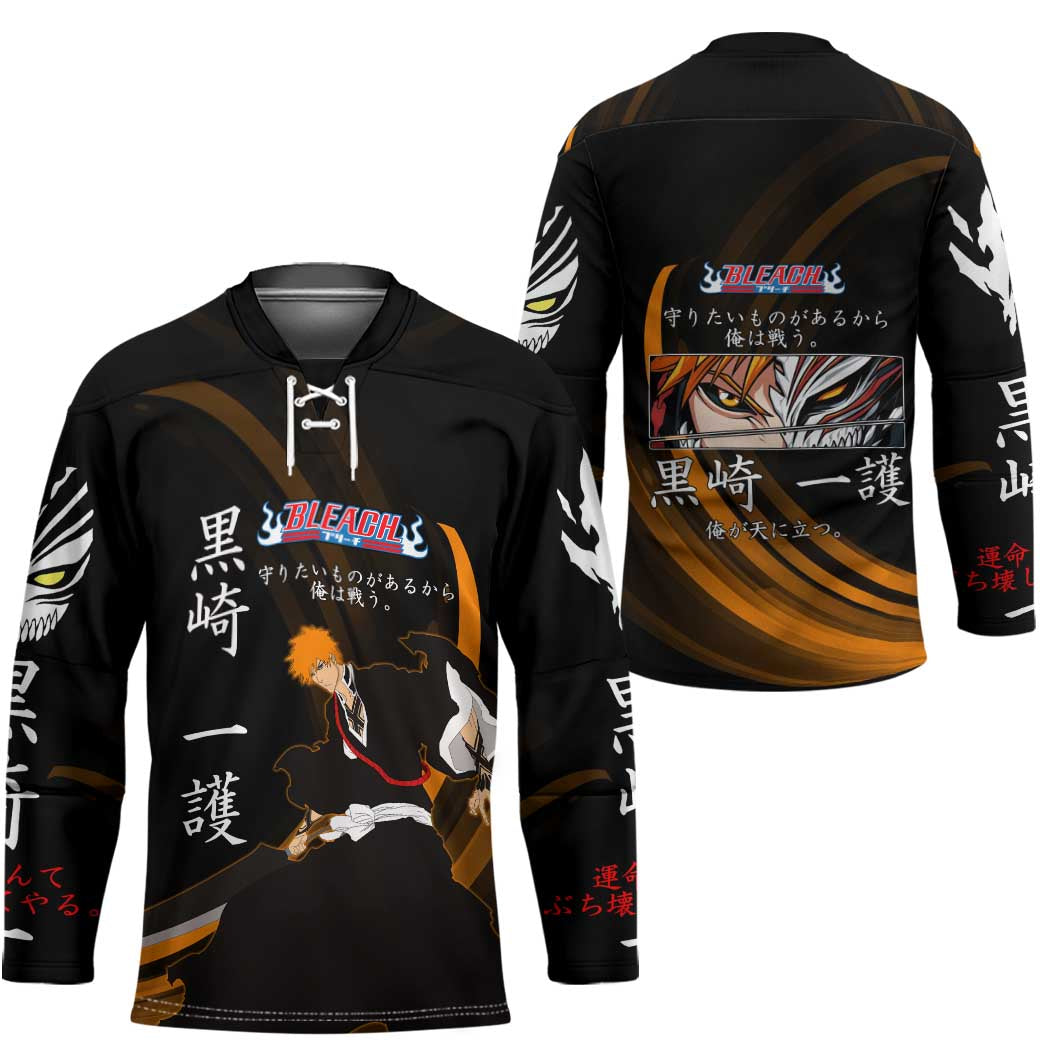 Ichigo Bleach Anime Black and Orange Theme Hockey Jersey with Hollow Mask and Japanese Calligraphy Design - The Mazicc