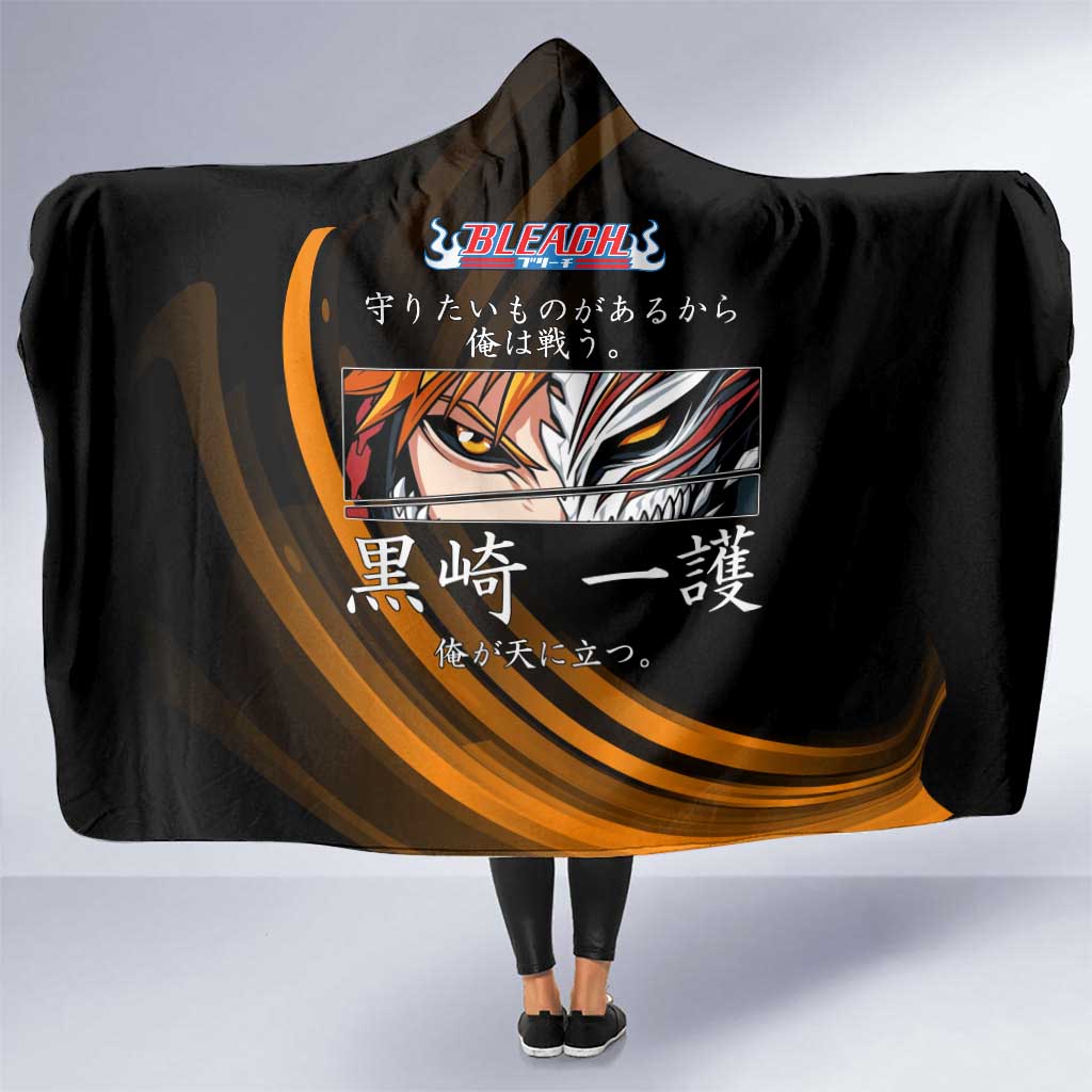 Ichigo Bleach Anime Black and Orange Theme Hooded Blanket with Hollow Mask and Japanese Calligraphy Design - The Mazicc