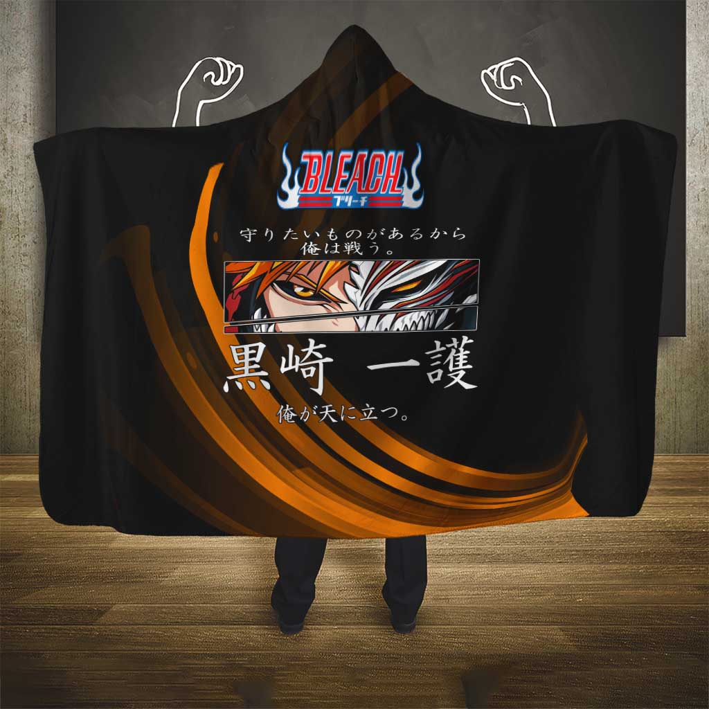 Ichigo Bleach Anime Black and Orange Theme Hooded Blanket with Hollow Mask and Japanese Calligraphy Design - The Mazicc
