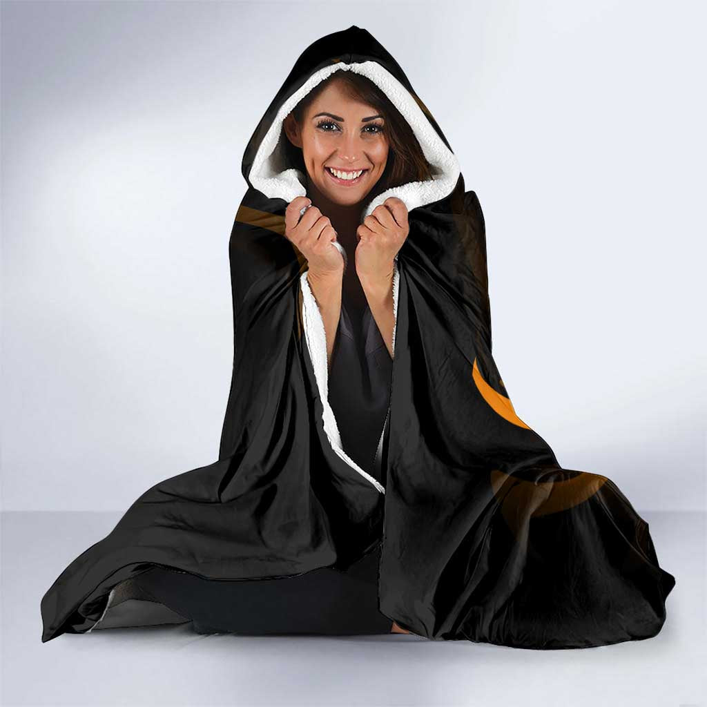 Ichigo Bleach Anime Black and Orange Theme Hooded Blanket with Hollow Mask and Japanese Calligraphy Design - The Mazicc