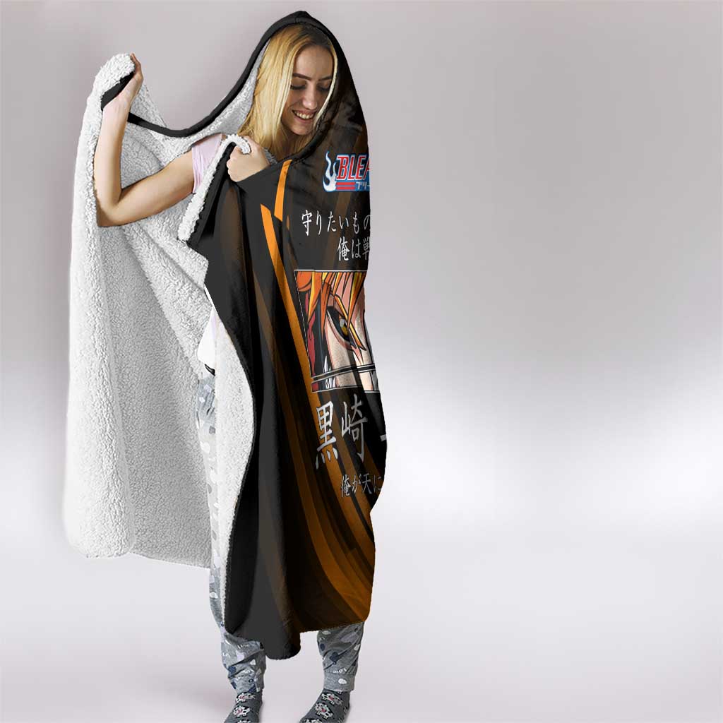 Ichigo Bleach Anime Black and Orange Theme Hooded Blanket with Hollow Mask and Japanese Calligraphy Design - The Mazicc