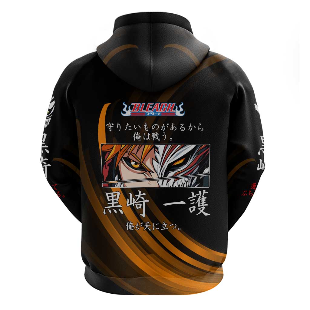 Ichigo Bleach Anime Black and Orange Theme Hoodie with Hollow Mask and Japanese Calligraphy Design - The Mazicc
