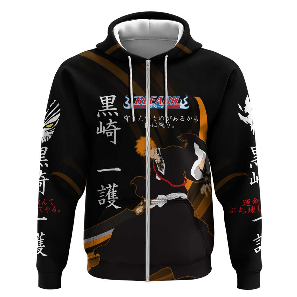 Ichigo Bleach Anime Black and Orange Theme Hoodie with Hollow Mask and Japanese Calligraphy Design - The Mazicc