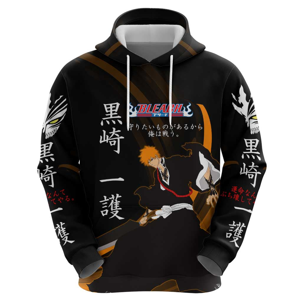 Ichigo Bleach Anime Black and Orange Theme Hoodie with Hollow Mask and Japanese Calligraphy Design - The Mazicc