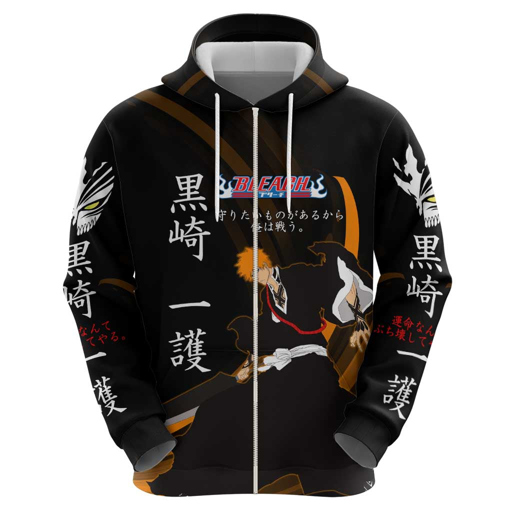 Ichigo Bleach Anime Black and Orange Theme Hoodie with Hollow Mask and Japanese Calligraphy Design - The Mazicc