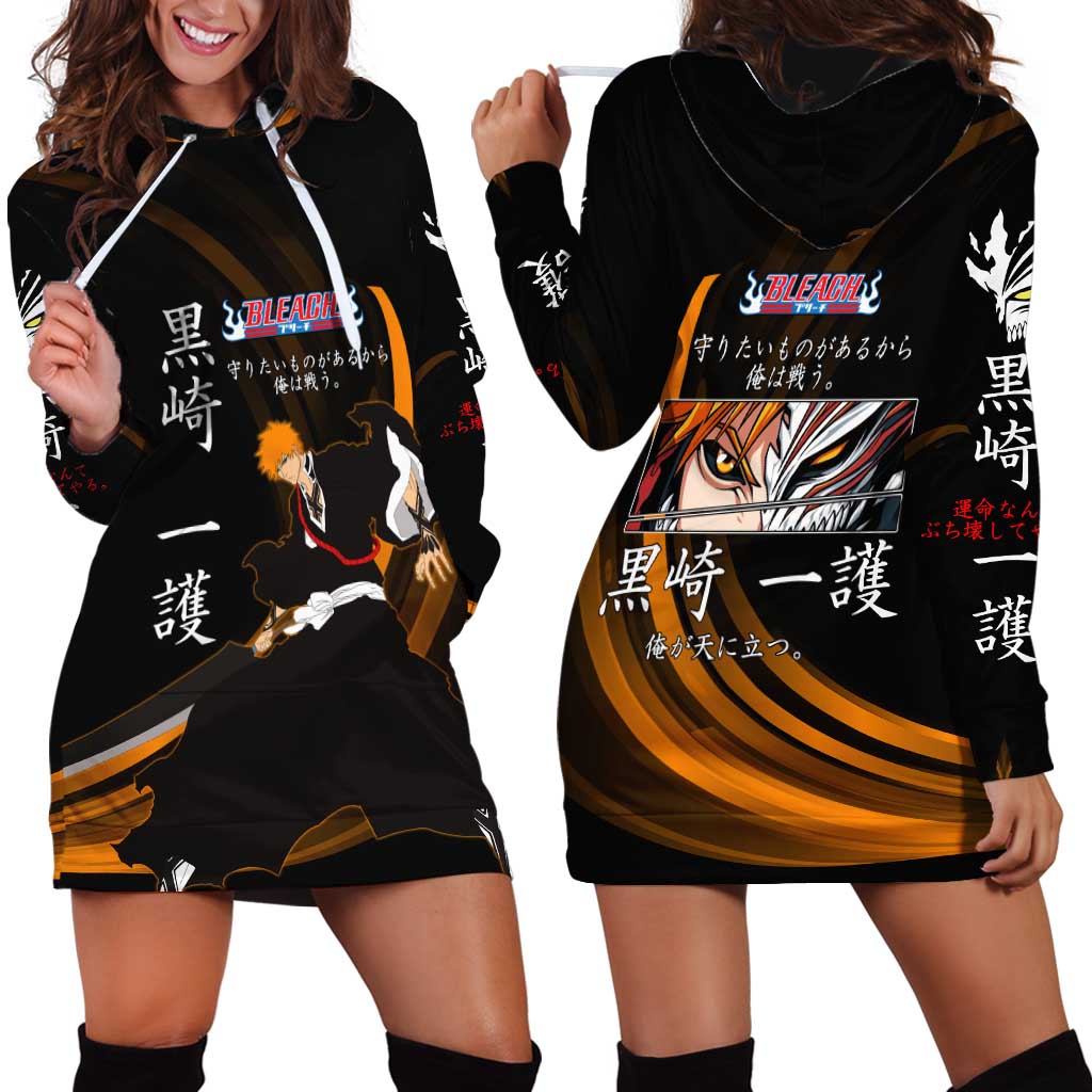 Ichigo Bleach Anime Black and Orange Theme Hoodie Dress with Hollow Mask and Japanese Calligraphy Design - The Mazicc