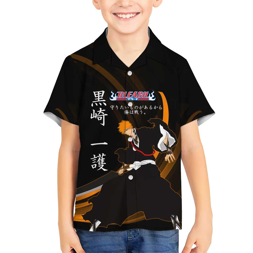 Ichigo Bleach Anime Black and Orange Theme Kid Hawaiian Shirt with Hollow Mask and Japanese Calligraphy Design - The Mazicc