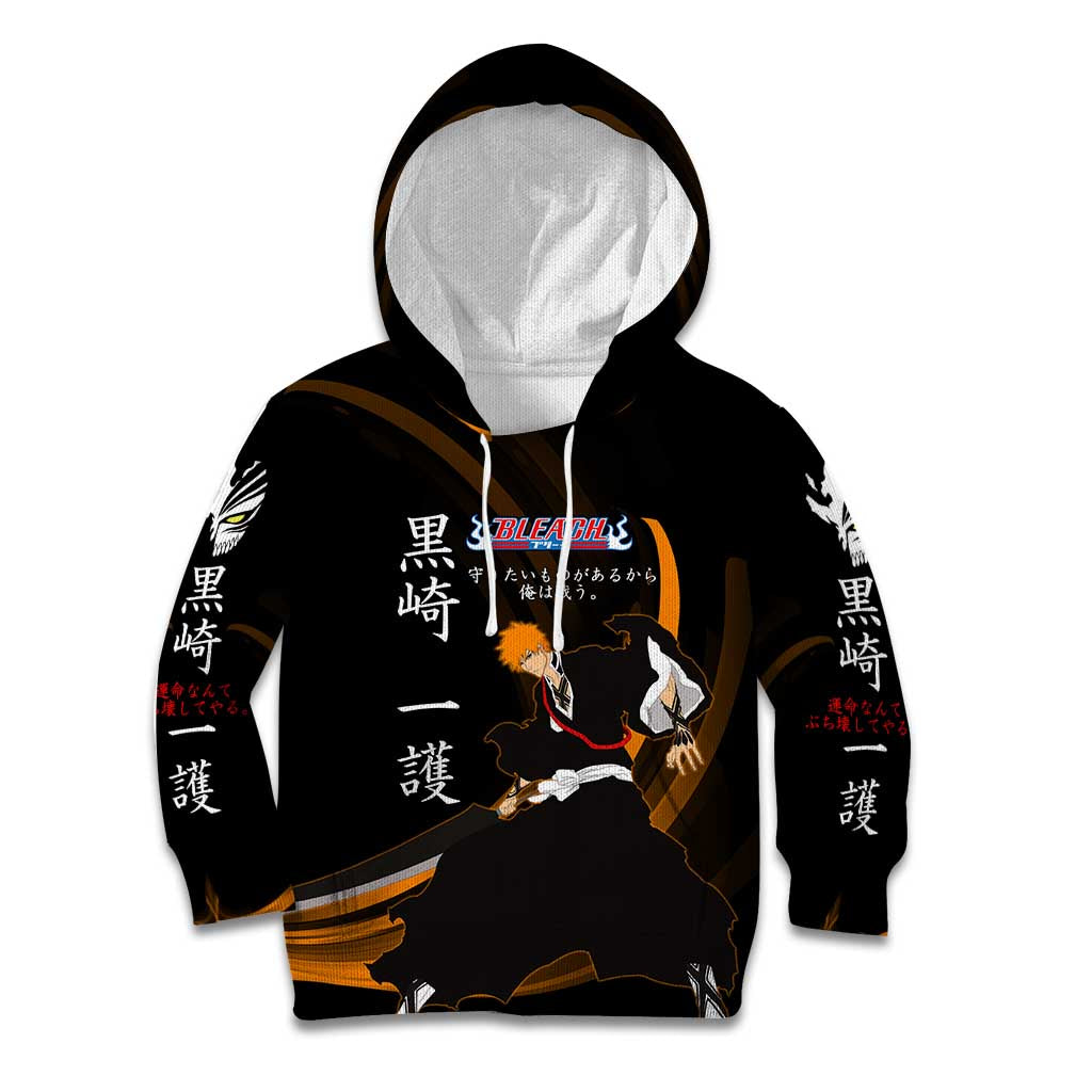 Ichigo Bleach Anime Black and Orange Theme Kid Hoodie with Hollow Mask and Japanese Calligraphy Design - The Mazicc
