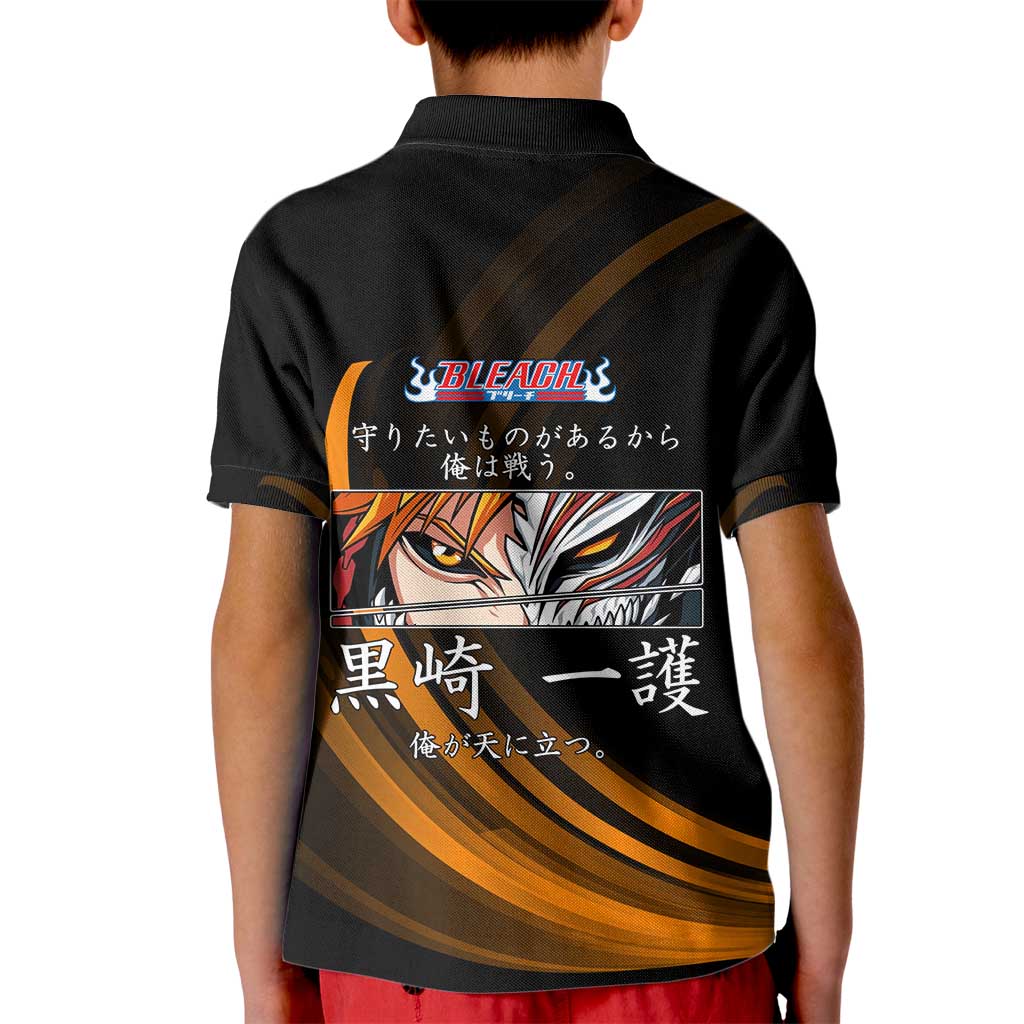 Ichigo Bleach Anime Black and Orange Theme Kid Polo Shirt with Hollow Mask and Japanese Calligraphy Design - The Mazicc