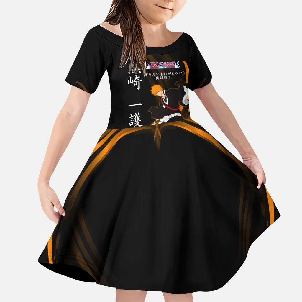 Ichigo Bleach Anime Black and Orange Theme Kid Short Sleeve Dress with Hollow Mask and Japanese Calligraphy Design - The Mazicc