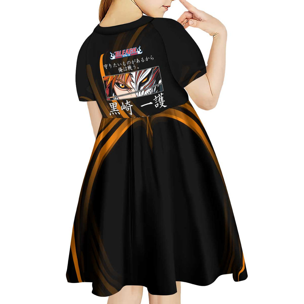 Ichigo Bleach Anime Black and Orange Theme Kid Short Sleeve Dress with Hollow Mask and Japanese Calligraphy Design - The Mazicc
